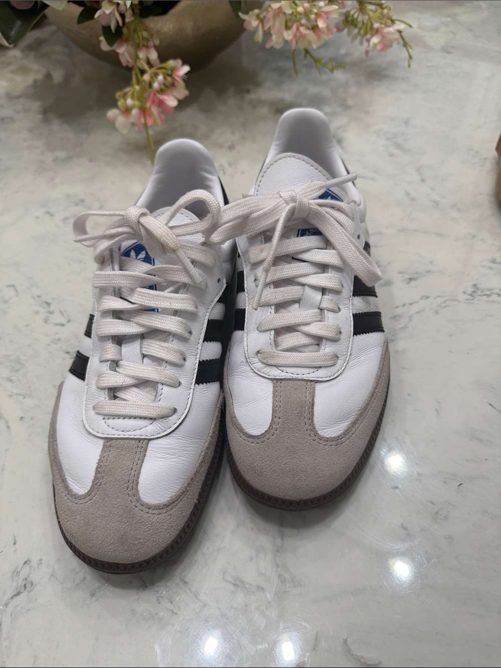 adidas White Sneakers with Black Stripes and Gray Suede